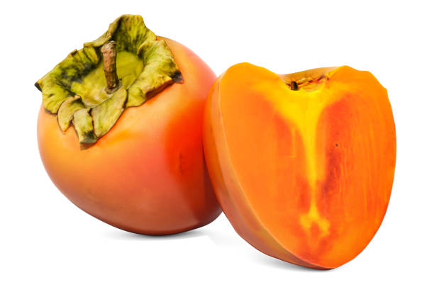 istock Persimmon and its cross-section 3d rendering with realistic texture isolated on white background 1184457160