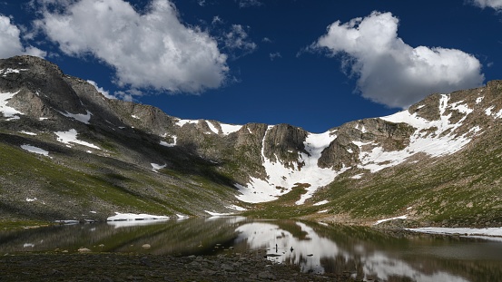 Summit Lake with Snowy Mountain Side and Fisherman