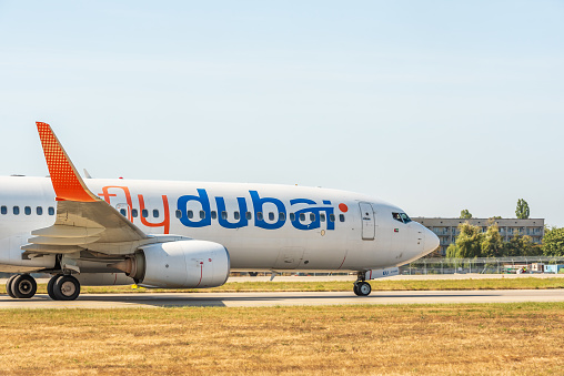 Kyiv, Ukraine - September 10, 2019: Flydubai Boeing 737 takes off. State budget airline United Arab Emirates.