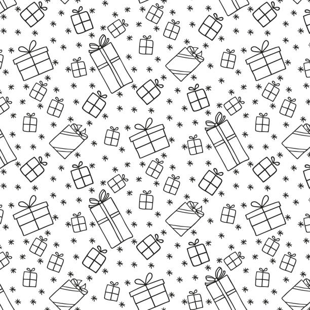 ilustrações de stock, clip art, desenhos animados e ícones de christmas, new year seamless pattern with linear xmas gift boxes on white background in doodle style. hand drawn texture for greeting cards, fabric or wrapping paper designs. vector illustration - gifts background