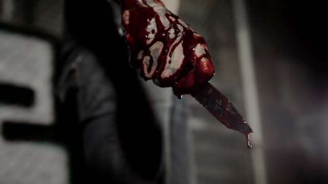 Close-up of a hand holding a bloody knife at night