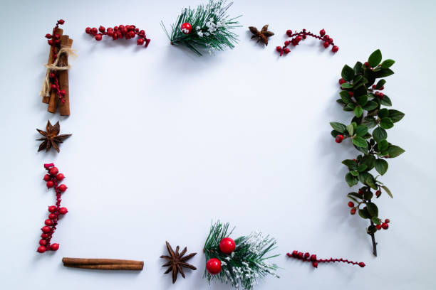 istock Christmas frame made with mistletoe, anise and cinnamon on white background. Copy space 1184462809