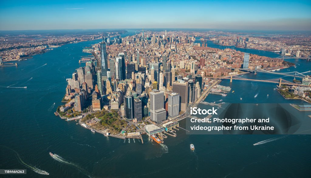 Aerial view to New York City Skyline View from helicopter to the Manhattan, Brooklyn, Long Island and Jersey City New York City Stock Photo