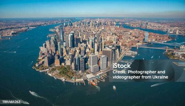 Aerial View To New York City Skyline Stock Photo - Download Image Now - New York City, Aerial View, Manhattan - New York City