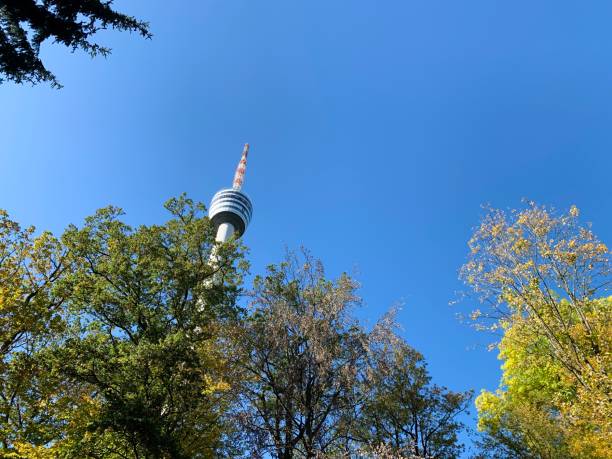Vienna, Austria - 14 December 2023: The top of the DonauTurm observation tower with an observation deck, revolving café and restaurant