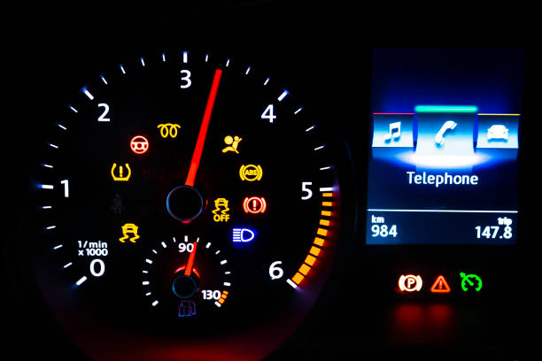istock Modern light car mileage on black background 1184467396
