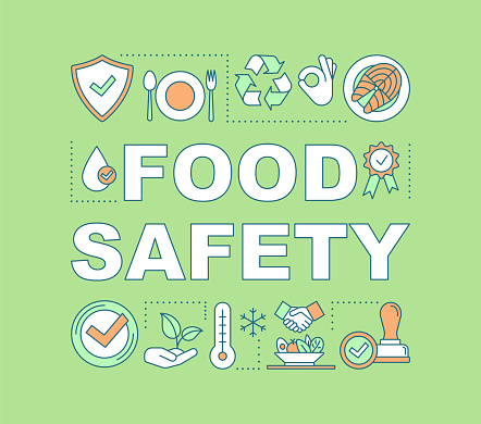 Food safety word concepts banner. Eco, organic products. Presentation, website. Food processing, handling, storage, preparation. Isolated lettering typography with icons. Vector outline illustration