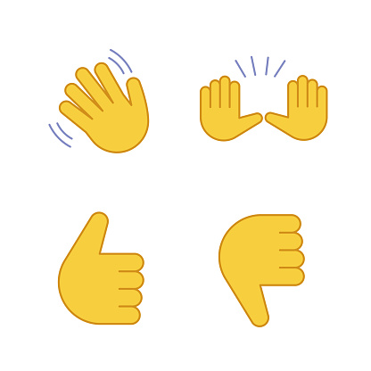 Hand gesture emojis color icons set. Hello, goodbye, stop, good job, disapproval gesturing. Waving and raising hands, thumbs up and down. Isolated vector illustrations