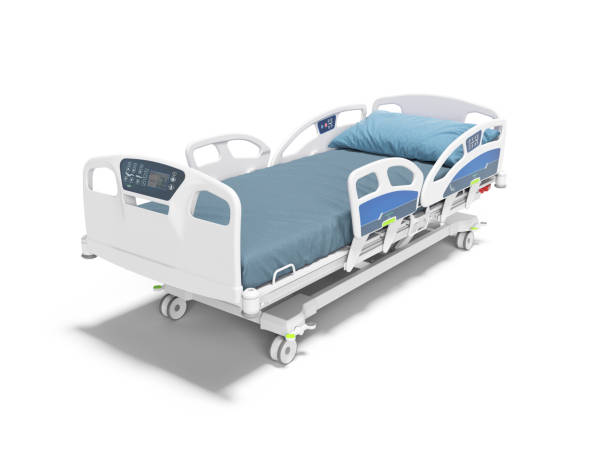 istock Blue hospital bed with lifting mechanism on an autonomous control panel with control panel isolated 3d render on white background with shadow 1184473570