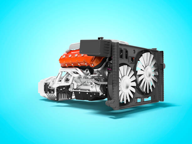 istock Car engine for eight cylinders red assembled collector and gearbox radiator side view 3d render isolated on blue background with shadow 1184473734