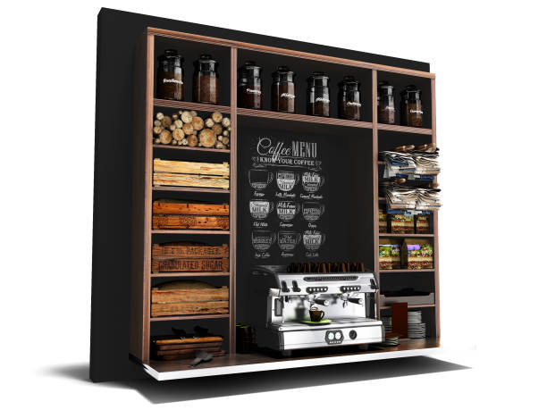 istock Concept coffee shelf with glass jars with coffee coffee machine tea for sale coffee 3d render on white background with shadow 1184475549