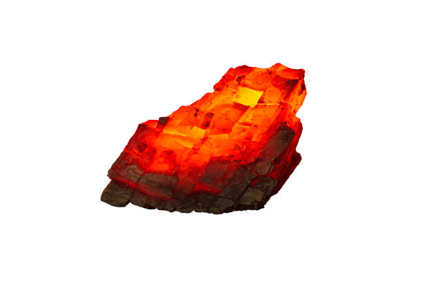 istock Red hot coal bar isolated on white background. Red burning coal mine isolated on white close up. Raw coal nugget on fire for power and fuel  industry 1184477751