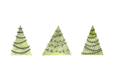 Three green, abstract Christmas tree with black line art on top. This watercolor painting is isolated on a white background.