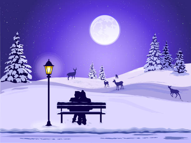 공원 벤치에 커플의 실루엣과 겨울 풍경 - snow winter bench park stock illustrations