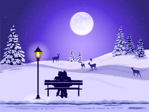 ilustrações de stock, clip art, desenhos animados e ícones de winter landscape with silhouettes of couple on park bench - snow winter bench park