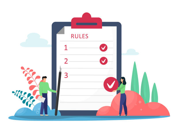 illustrazioni stock, clip art, cartoni animati e icone di tendenza di regole illustrazione vettoriale. flat tiny rules checklist persone concetto. principi e strategia di gestione aziendale per l'ordine e le restrizioni dell'azienda. norme giuridiche - proibizione illustrazioni