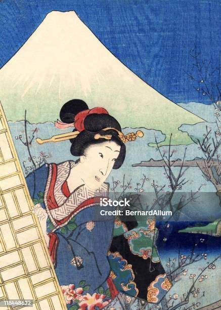 번자체 목판 인쇄 여성 및 끼우개 푸지 Ukiyo-e에 대한 스톡 벡터 아트 및 기타 이미지 - Ukiyo-e, 후지 산, 일본 문화