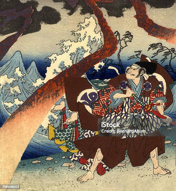 Traditional Woodblock Print Warriors And Storm Stock Illustration - Download Image Now - Japan, Japanese Culture, Japanese Ethnicity