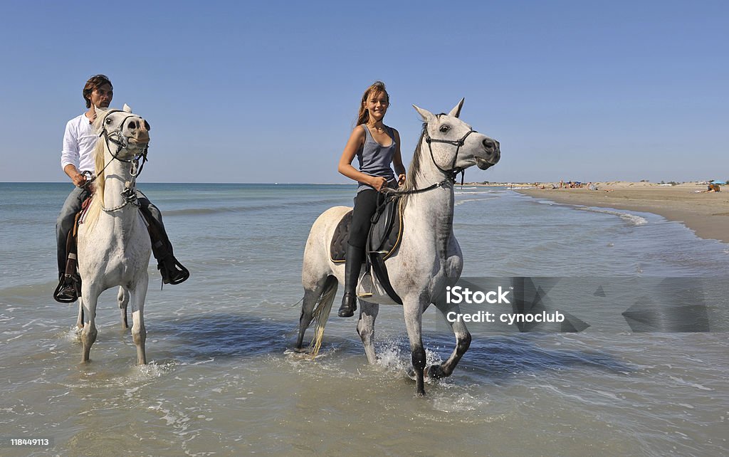 Promenade à cheval sur la plage - Photo de Camargue libre de droits