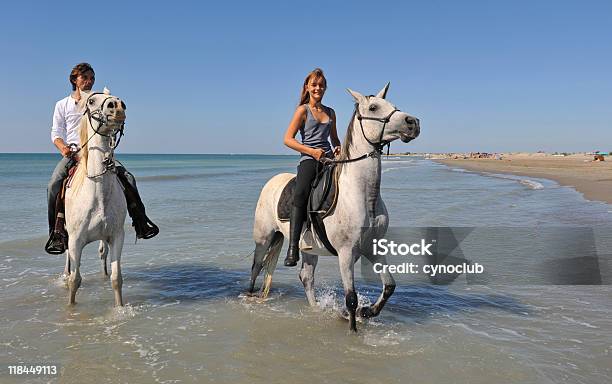 Passeggiate A Cavallo Sulla Spiaggia - Fotografie stock e altre immagini di Camargue - Bocche del Rodano - Camargue - Bocche del Rodano, Cavallo - Equino, Camargue - Cavallo