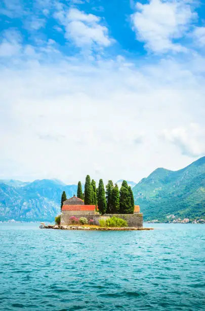 Photo of Beautiful mediterranean landscape. St. George Island near town Perast, Kotor bay, Montenegro.