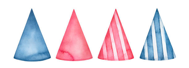 ilustrações de stock, clip art, desenhos animados e ícones de illustration pack of different birthday party cone hats. pink color for girls and blue for boys. plain and striped pattern. hand drawn watercolour sketchy painting, cutout clipart elements for design. - party hat hat white background blue