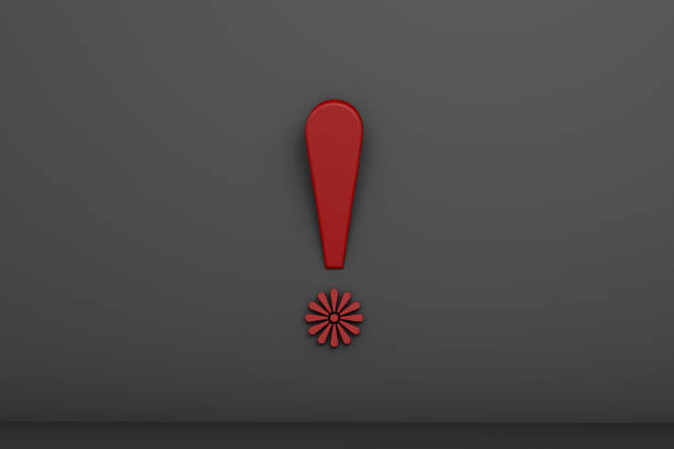 3d rendering of red exclamation mark on black background. Flower shaped exclamation marks as point. banner, copy space. Caution, Security alert, Compliance, Business regulations protection,