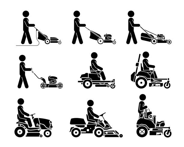 Set of icons which represent people using various types of lawn mowers. vector art illustration