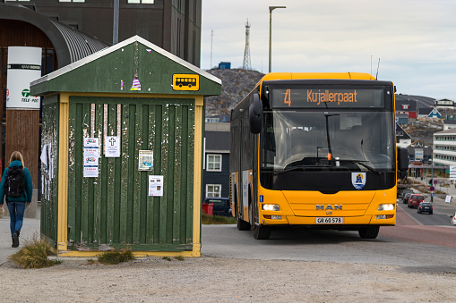 Nuuk, Greenland - August 16, 2019: Wooden bus stop in the Nuuk city centre, Greenland.