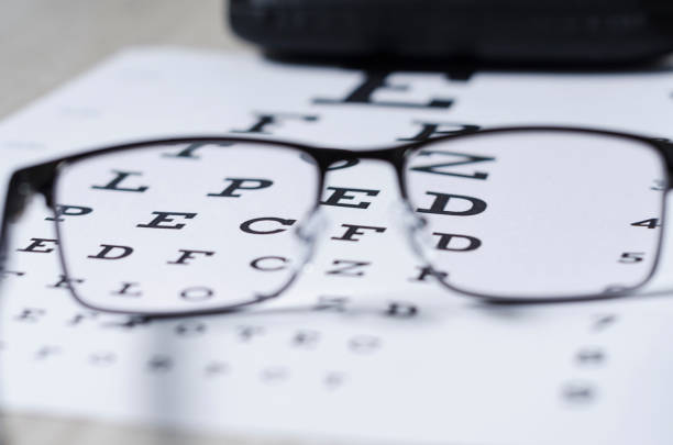 istock glasses and Eyeglasses on table of check of vision close up - Myopia or hyperopia 1184499779