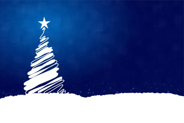 Vector illustration of Horizontal vector illustration of a creative dark blue color background with one creative white christmas tree with a bright shining star at top, snow all over the ground and on tree