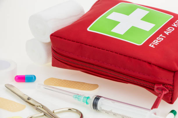 istock First aid kit with medical equipment, on white background 1184502822