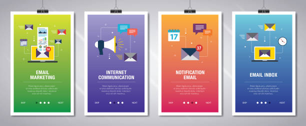 Email marketing and business communication Vector set of vertical web banners with email marketing, internet communication, notification email and email inbox. Vector banner template for website and mobile app development with icon set. e mail spam stock illustrations