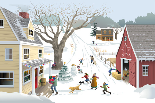 Children and dogs play in a snowy rural lane between a yellow house and red barn, when two older adults come to their home with presents and a cake.