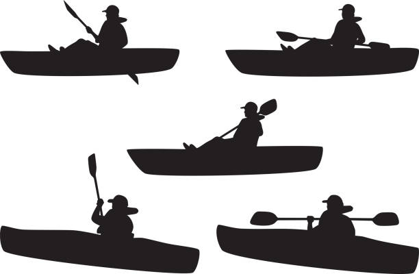 ilustrações de stock, clip art, desenhos animados e ícones de people kayaking silhouettes - silhouette kayaking kayak action