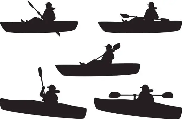 Vector illustration of People Kayaking Silhouettes