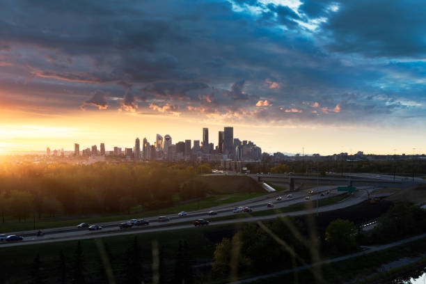 istock Canada, Calgary sunset cityscape with motion traffic 1184507731