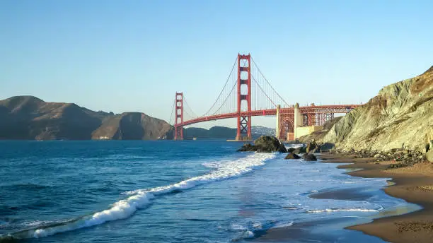 a wide angle shot of golden gate bridge from marshall beach in san francisco