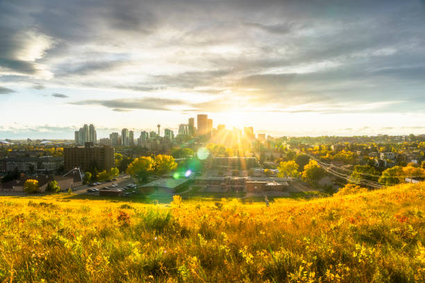 Canada, Calgary, Panoramic view of city at sunset in the fall stock photo