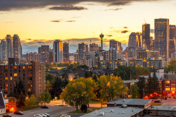 istock Canada, Calgary, Panoramic view of city at sunset in the fall 1184508545