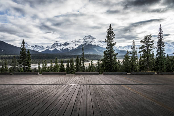 istock empty wooden patio front of snowy mountains 1184512107