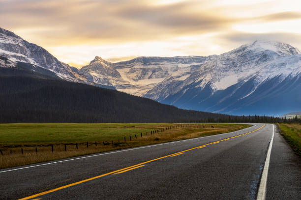 istock Country road towards snow mountains at sunset, Canada 1184512155