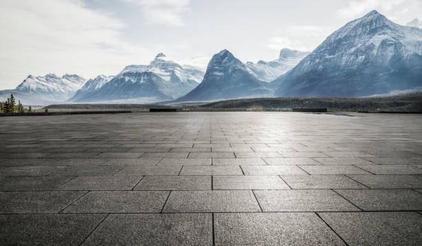 istock empty observation patio front of canadian rockies 1184513147