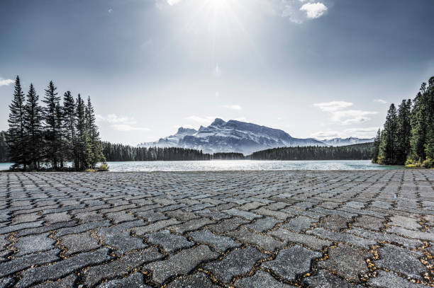 istock Empty patio front of Lake and mountains 1184514320
