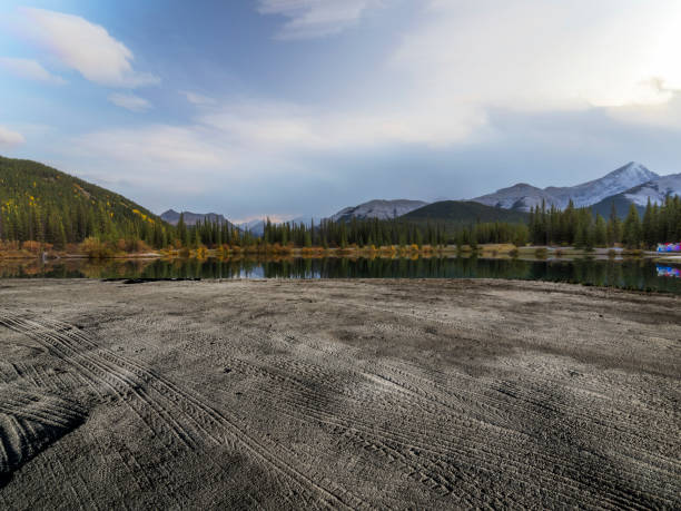 Morning view of Forget-Me-Not Pond Sandy beach with tyre tracks by Forget-Me-Not Pond,Alberta,Canada. observation point stock pictures, royalty-free photos & images