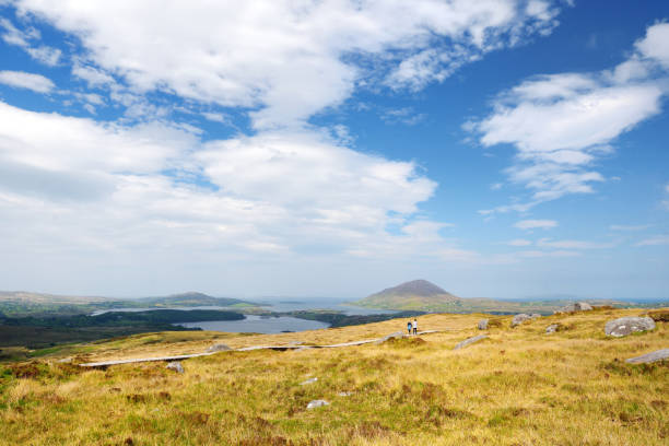 Connemara National Park, famous for bogs and heaths, watched over by its cone-shaped mountain, Diamond Hill, County Galway, Ireland Beautiful view of Connemara National Park, famous for bogs and heaths, watched over by its cone-shaped mountain, Diamond Hill, County Galway, Ireland connemara national park stock pictures, royalty-free photos & images