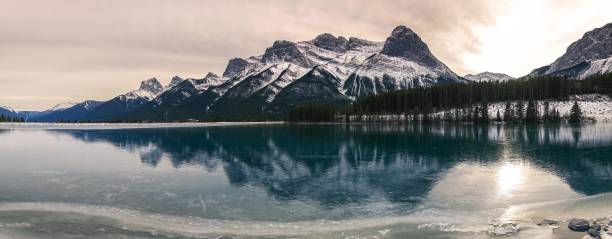 Frozen Rundle Forebay Water Reservoir Above Canmore Alberta Canadian Rocky Mountains Wide Panoramic Winter Landscape of Frozen Mountain Lake and Rugged Snowcapped Peaks above Canmore, Alberta in Canadian Rockies near Banff National park picture lake stock pictures, royalty-free photos & images