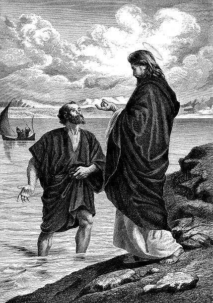Saint Peter Leaps from his Boat to Meet Jesus Christ  peter the apostle stock illustrations