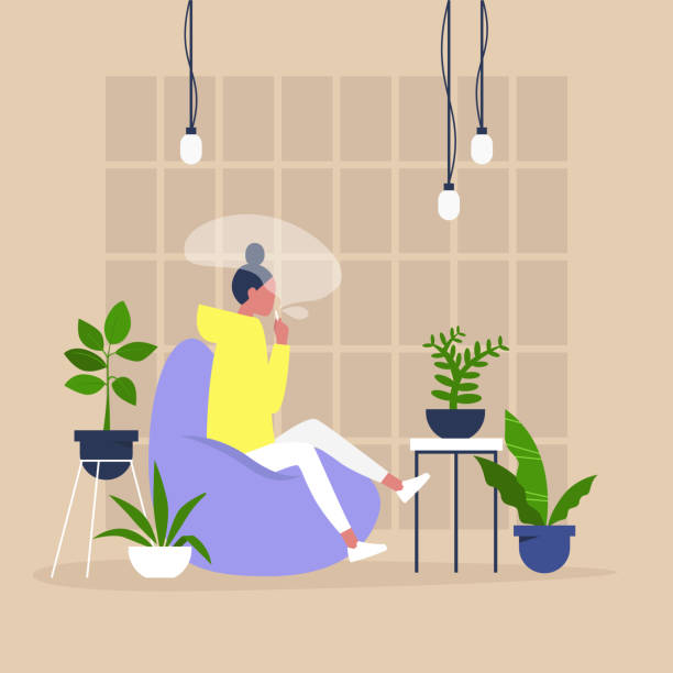 Young female character smoking a vape or a joint of cannabis in a cozy interior with houseplants, modern millennial lifestyle Young female character smoking a vape or a joint of cannabis in a cozy interior with houseplants, modern millennial lifestyle bean bag illustrations stock illustrations