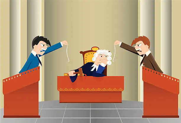 Vector illustration of "Lawyer battle." Cartoon judicial sitting. (vector, CMYK)